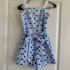 Blue and white floral romper w/ belt